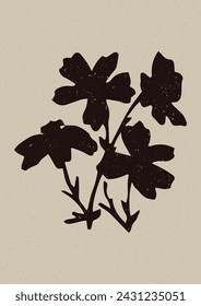 Handmade linocut wildflower sprig vector motif clipart in folkart scandi style. Simple monochrome block print shapes with woodcut paper texture effect. 