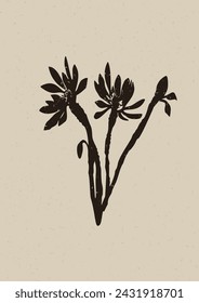 Handmade linocut wildflower sprig vector motif clipart in folkart scandi style. Simple monochrome block print shapes with woodcut paper texture effect. 