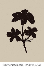 Handmade linocut wildflower sprig vector motif clipart in folkart scandi style. Simple monochrome block print shapes with woodcut paper texture effect. 