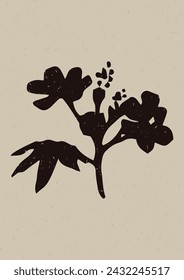 Handmade linocut wildflower sprig vector motif clipart in folkart scandi style. Simple monochrome block print shapes with woodcut paper texture effect. 