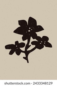 Handmade linocut wildflower sprig vector motif clipart in folkart scandi style. Simple monochrome block print shapes with woodcut paper texture effect. 