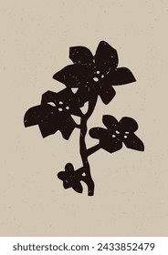 Handmade linocut wildflower sprig vector motif clipart in folkart scandi style. Simple monochrome block print shapes with woodcut paper texture effect. 