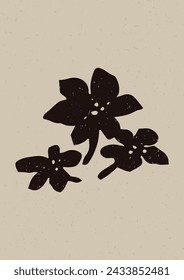 Handmade linocut wildflower sprig vector motif clipart in folkart scandi style. Simple monochrome block print shapes with woodcut paper texture effect. 