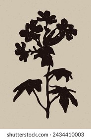 Handmade linocut wildflower sprig vector motif clipart in folkart scandi style. Simple monochrome block print shapes with woodcut paper texture effect. 