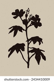 Handmade linocut wildflower sprig vector motif clipart in folkart scandi style. Simple monochrome block print shapes with woodcut paper texture effect. 