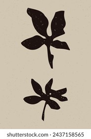 Handmade linocut wildflower sprig vector motif clipart in folkart scandi style. Simple monochrome block print shapes with woodcut paper texture effect. 