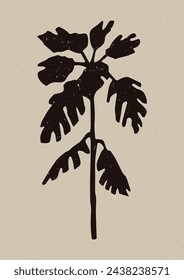 Handmade linocut wildflower sprig vector motif clipart in folkart scandi style. Simple monochrome block print shapes with woodcut paper texture effect. 