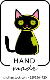 Handmade logo, handmade cat toy made of cloth with eyes with buttons and lettering