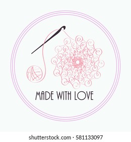 Handmade logo. Knit wool, needle and yarn, ball and knitwear and needlework design, vector illustration. Hand-drawn retro vector hand-made badge stylized icon