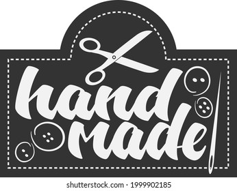 HANDMADE-Logo oder -Etikett mit Schere, Kanüle und Faden, Vektorgrafik