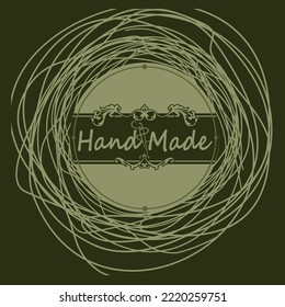 Handmade - logo. Round frame made of threads, curls, needle on a green background.