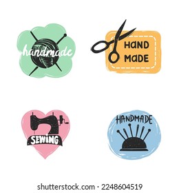 Handmade logo set. Sewing handcraft hobby workshop labels  isolated on white background. Vector doodle illustration