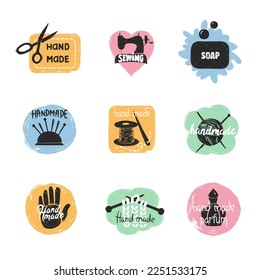 Handmade logo set. Sewing handicraft hobby workshop labels. Vector hand drawn illustration