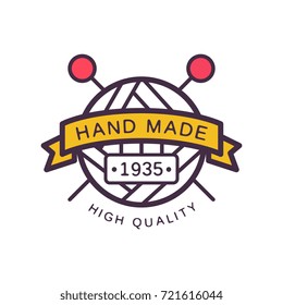 Handmade logo template, high quality since 1935, retro needlework craft badge, knitting and crochet element vector illustration