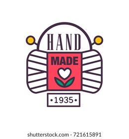 Handmade logo template, since 1935, retro needlework craft badge, knitting and crochet element vector illustration
