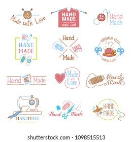 Handmade logo vector wool knitting needles or sewing handcraft hobby workshop logotype illustration set of crocheting woolly knitwear and handknitting needlework label isolated on white background