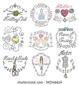 Handmade logo.Hand made needlework doodle logo,badges.Sewing,knitting.Icons set.Colored hand drawing sketch.Vintage logotypes,labels.Vector hand made supplies,knitt equipment.Design template.