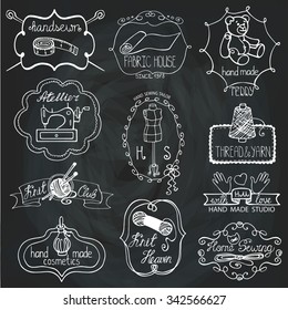 Handmade logo.Hand made needlework doodle logo,badges.Sewing,knitting.Icons set.Black  hand drawing sketch.Vintage logotypes,labels.Vector hand made supplies,knitt equipment.Design template.Chalkboard