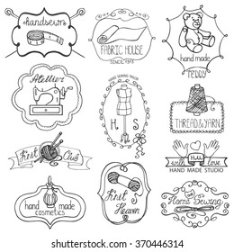 Handmade logo.Hand made needlework doodle logo,badges.Sewing,knitting.Icons set.Black  hand drawing sketch.Vintage logotypes,labels.Vector hand made supplies,knitt equipment.Design template.