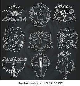 Handmade logo.Hand made needlework doodle logo,badges.Sewing,knitting.Icons set.White hand drawing sketch.Vintage logotypes,labels.Vector hand made supplies,knitt equipment.Design template.Chalkboard
