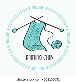 Handmade logos. Knit wool, needle and yarn, ball and knitwear and needlework design, vector illustration. Hand-drawn retro vector hand-made badge stylized icon