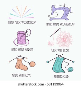 Handmade logos set. Knit wool, needle and yarn, ball and knitwear and needlework design, vector illustration. Hand-drawn retro vector hand-made badge stylized icon