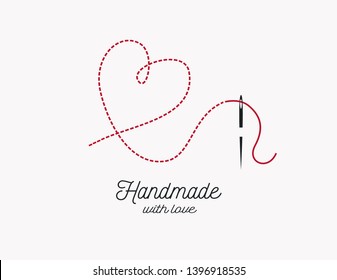 Handmade with love background vector. Needle and thread and heart shape illustration.
