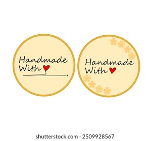 Hecho a mano con amor hecho a mano icono del producto emblema etiqueta conjunto con diseño en forma de corazón en crema y amarillo. Insignia retro hecha a mano o etiqueta de contorno hecha a mano, Ilustración vectorial