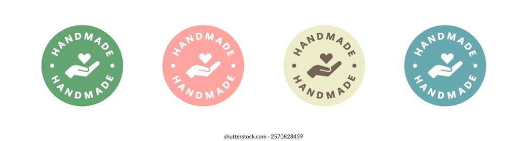 Handmade with love handcrafted product icon emblem label set with heart shape design