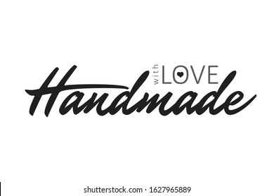 Handmade with Love handwritten inscription decorated with hearts. Hand drawn lettering quote. Phrase handmade calligraphy. Your card, banner, poster design concept. Vector illustration.