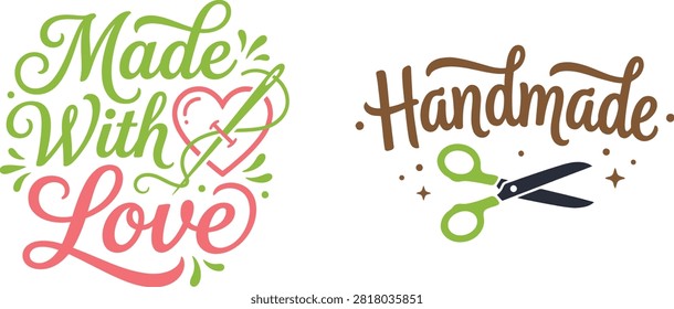 Handmade with love label and handmade crafting scissors icon illustration handmade scissors