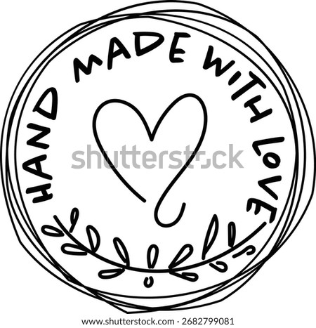 Handmade with Love Label – Round Black and White Badge with Heart and Leaves for Craft and Packaging	