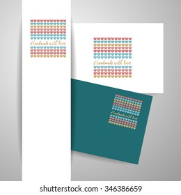 Fabricado a mano con amor - plantilla de logotipo. Tejido de punto de corazones. La idea para las tiendas hechas a mano, boutiques, festivales, etiquetas de punto y otros.