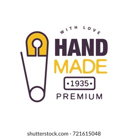 Handmade with love logo template, premium since 1935, retro needlework craft badge, handicraft element vector illustration