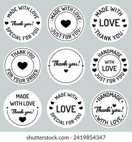 Handmade with love, made with love round stickers collection. Thank you stickers, labels for friends, customers, clients, teachers appreciation, small handmade business, little gift packaging, orders.