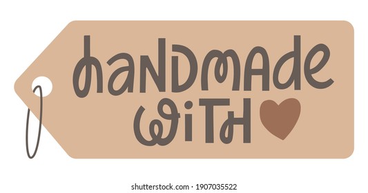 Handmade with love price tag. Vector illustration of hand drawn modern lettering. San serif typography. to print on label, badge, sign, mark or card. Simple design element for crafters. 