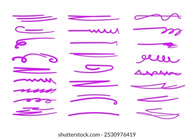 Handmade marker lines set, brush lines, underlines. Hand-drawn collection of doodle style various shapes. Art Lines. Isolated on white. Vector illustration