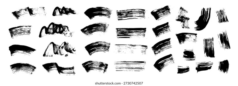 El trazo hecho a mano del cepillo del rímel en tinta negra profunda exhibe la textura atrevida del swatch cosmético, ideal para el empaquetado del producto de la belleza y la campaña del anuncio del eyeliner. Vector de maquillaje grunge negro subraya.