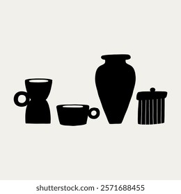 Handmade Minimalist Clay Pottery Ceramic Utensil Black Silhouette. Different Pottery Shape Silhouette Decor. Hand Drawn Vector Illustration