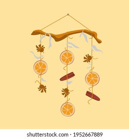 Handmade mobile with cones, oranges and cinnamon sticks. Decorative elements. Nature concept. Vector illustration.