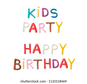 Handmade modeling clay words happy birthday, kids party. Realistic 3d vector lettering isolated on white background. Creative colorful design. Children cartoon style.