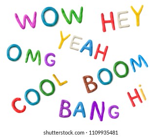 Handmade modeling clay words wow, yeah, hey, hi, omg, cool, boom, bang. Realistic 3d vector lettering isolated on white background. Creative colorful design. Children cartoon style