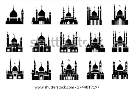 Handmade mosque silhouette icon set unique handcrafted design elements
