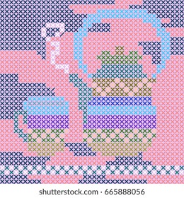 Handmade napkin with kettle and teacup. Cross-stitch pattern. Pillowcase, greeting card. Vector template.