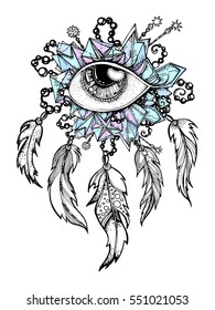 
handmade. Native American mascot Dreamcatcher with feathers. Vector hipster illustration isolated. Ethnic design, Boho chic, tribal symbol. Tattoo, printing, fashion style, 
eyes, diamond, beauty