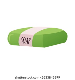Handmade natural essential oil green soap bar vector flat illustration. Herbal soap brick with label. Bathing natural accessory, aromatherapy, spa and hygiene cosmetics. ECO lifestyle