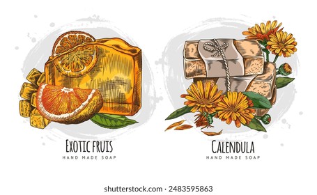 Handmade natural exotic fruits and calendula essential oil soap color hand drawn vector set. Herbal soap bricks decorated flowers and orange slices, mango. Bathing natural aromatherapy cosmetic