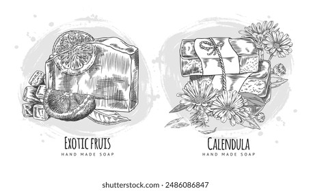 Handmade natural exotic fruits and calendula essential oil soap engraved hand drawn vector set. Herbal soap bricks decorated flowers and orange slices, mango. Bathing natural aromatherapy cosmetic