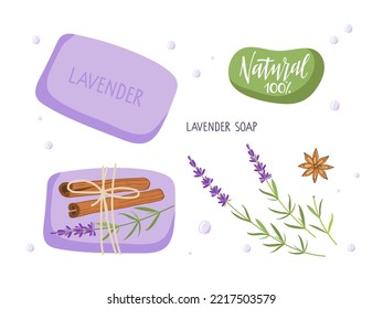 Handmade natural Lavender soap. Soap bars, lavender grass, spices, label. Vector flat Illustration. Herbal Healing body care. Medical plants. For natural organic spa products cosmetics