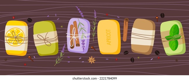 Handmade natural soap bar with ingredients on brown wooden table. Natural soap with plants, spices, herbs. Vector flat Illustration isolated. Aromatherapy and skin hygiene eco herbal cosmetics.